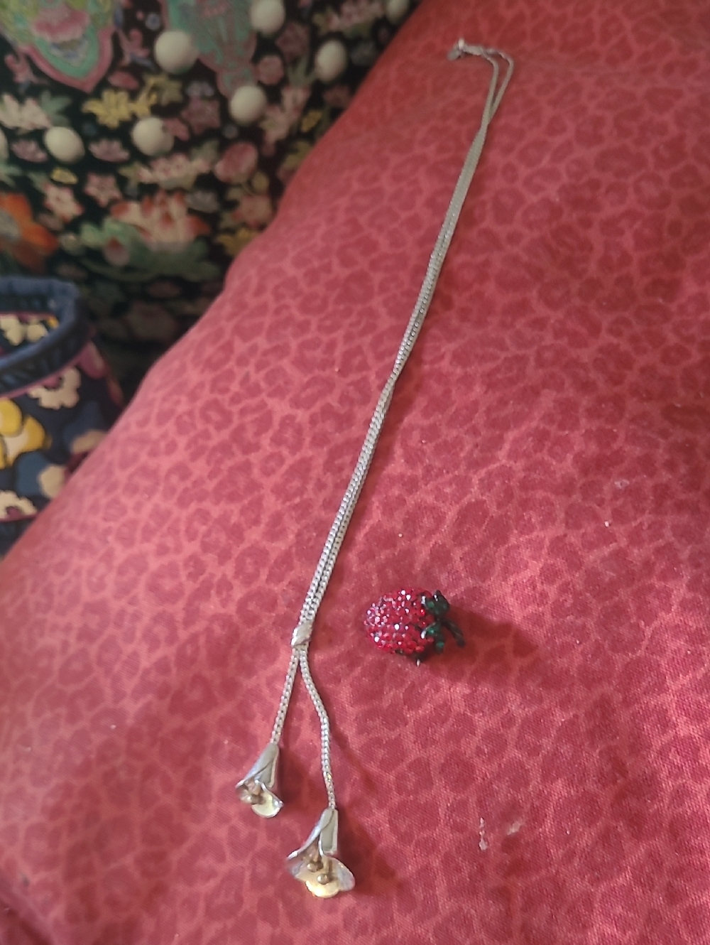Silver Flower-Ended Lariat Necklace with Red Strawberry Pin